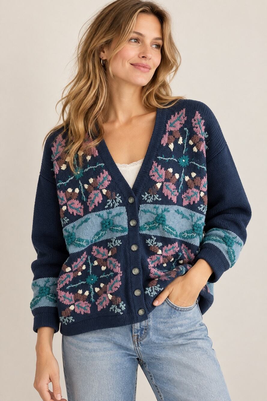 Vintage Christopher & Banks Hand-Embroidered Cardigan | Floral Knit | M